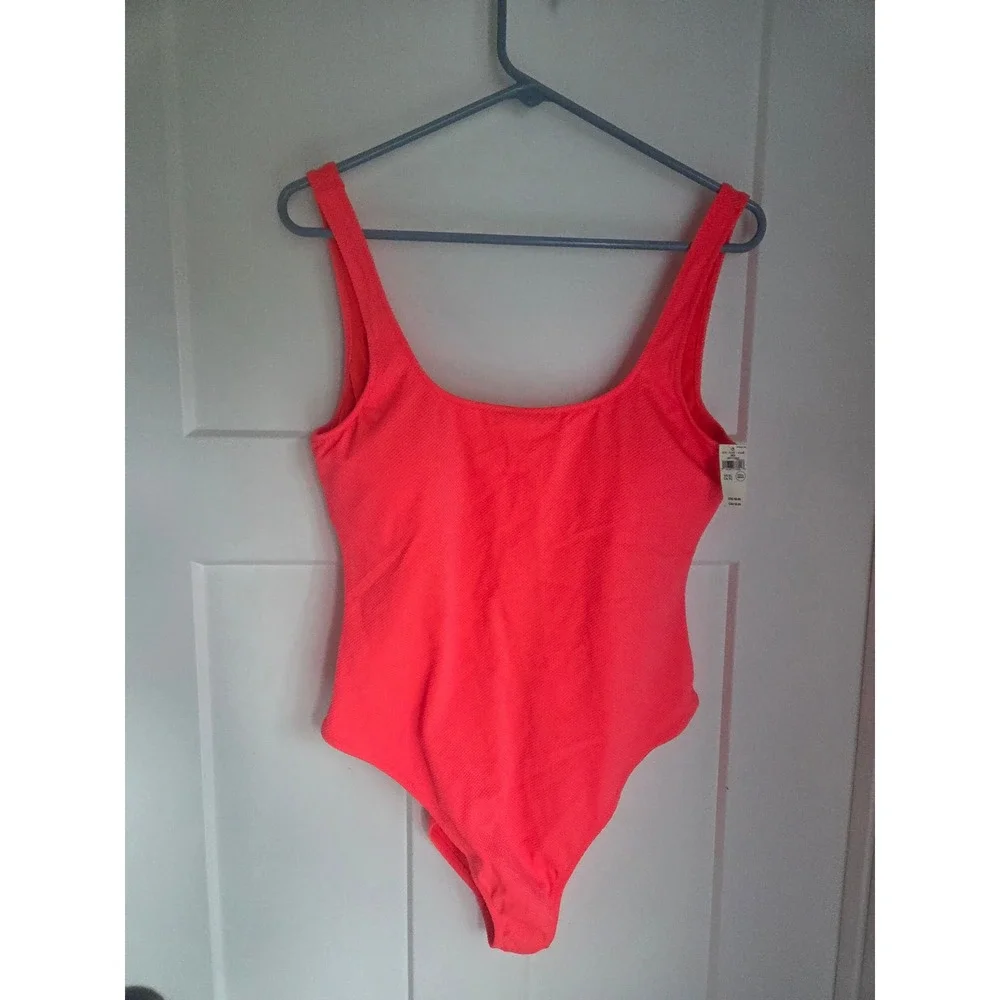 Aerie Pique‎ Scoop One Piece Swimsuit Neon Coral Pink Low Back NWT XL